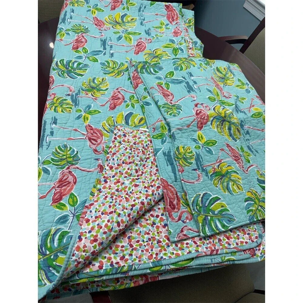 C&F Home Flamingo Tropical Reversible queen Quilt Bedspread Aqua Pink w/shams